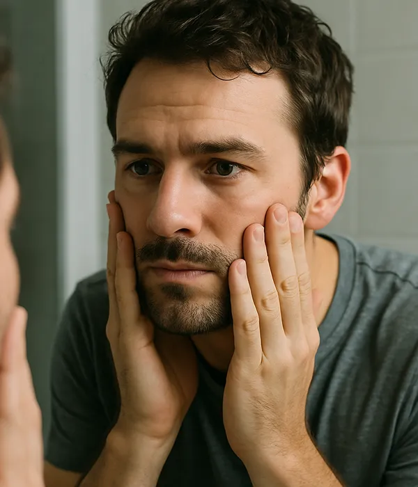 A man closely examining his face in the mirror, checking his skin type.