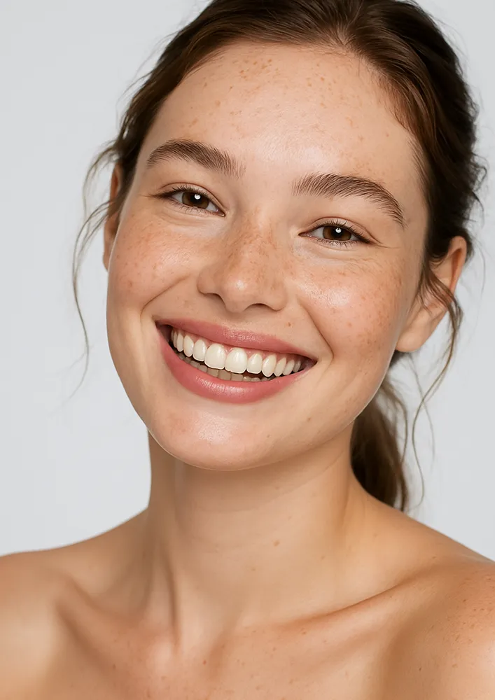 British female skincare model with freckles smiling widely