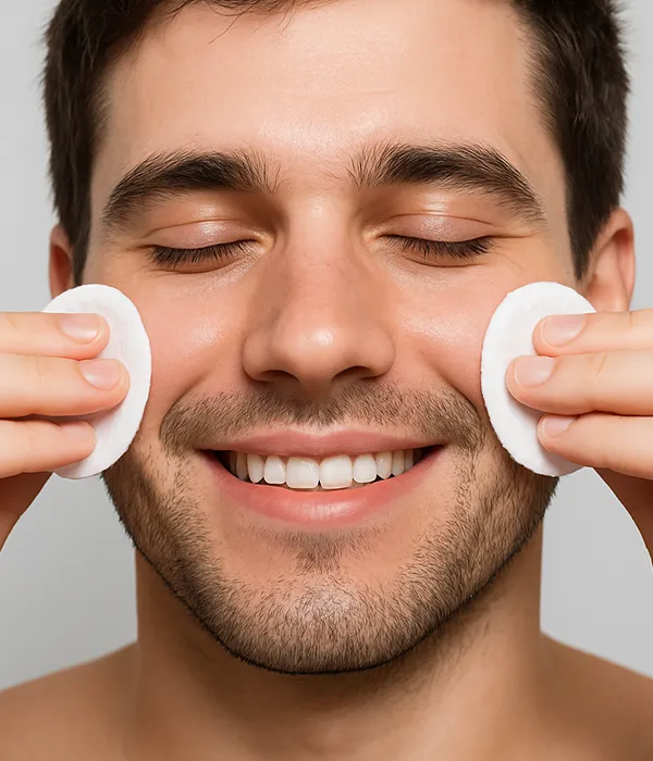 A Western man gently wiping his face with toner-soaked cotton pads as part of a Korean skincare routine for men