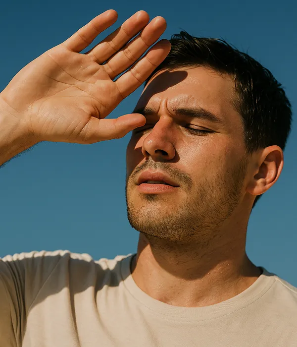 A man in his 30s shielding his face from the sun, highlighting the importance of sunscreen in men's skincare.