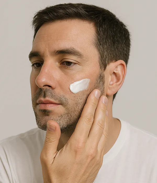 A Western man in his 30s applying moisturizer to his face.