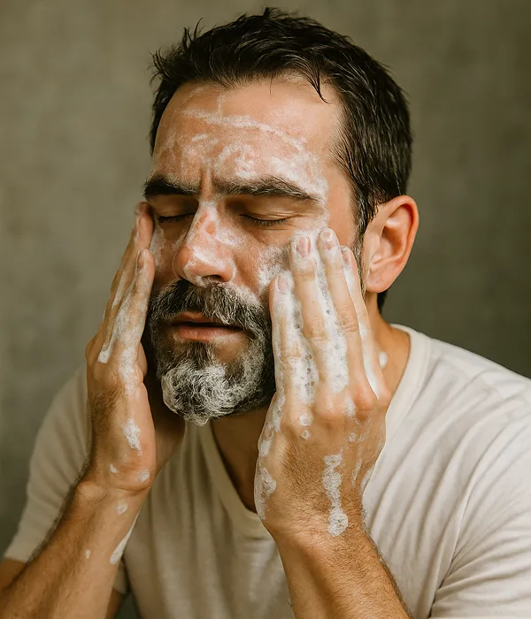 Man with beard washing face with facial cleanser.