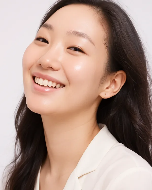 Korean female skincare model smiling at camera