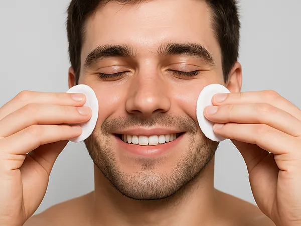 A Western man gently wiping his face with toner-soaked cotton pads as part of a Korean skincare routine for men.