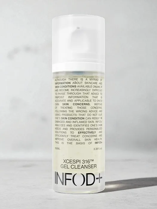 Infodplus gel cleanser recommended for Korean skincare for men in a clear bottle with white cap