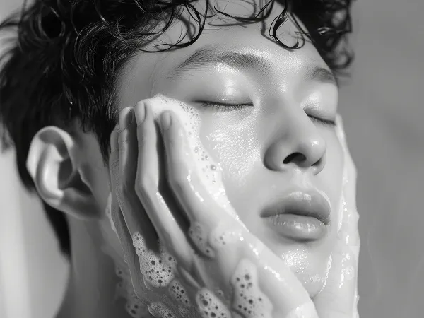 Asian man washing face with a foam cleanser