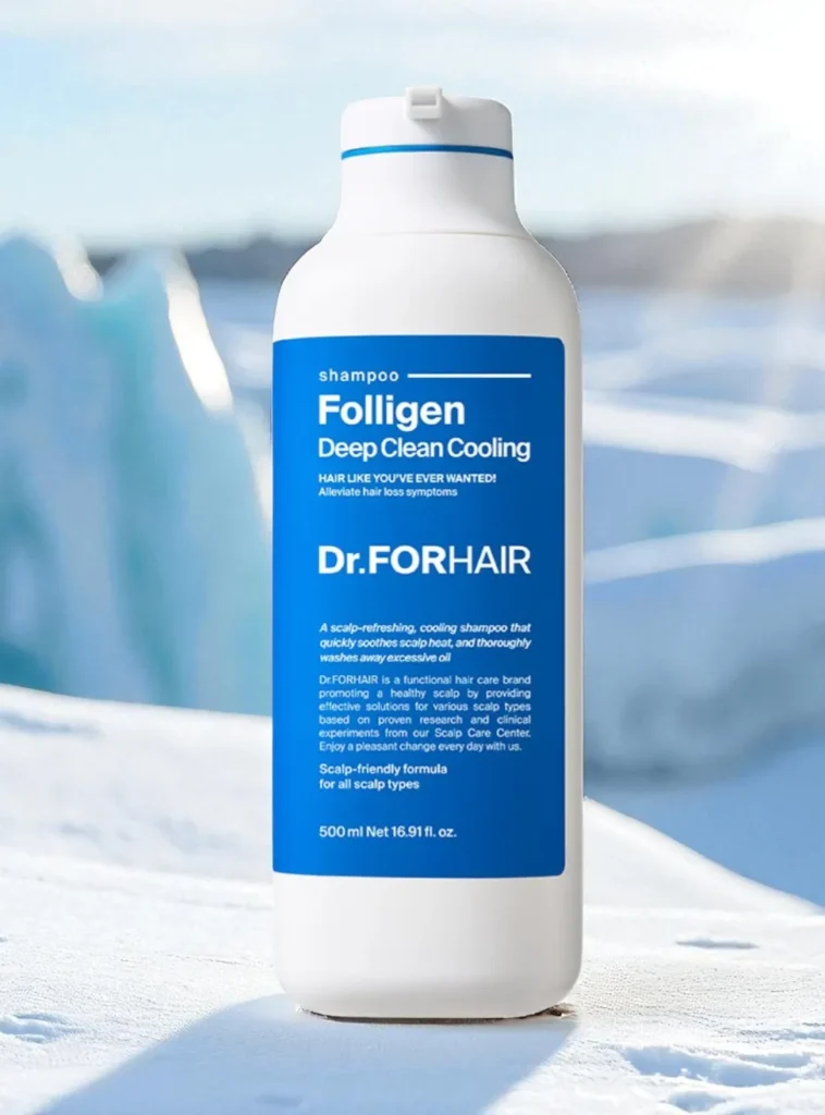 Dr.ForHair Folligen Deep Clean Cooling Shampoo showcased on icy hill to convey intense cooling and cleansing