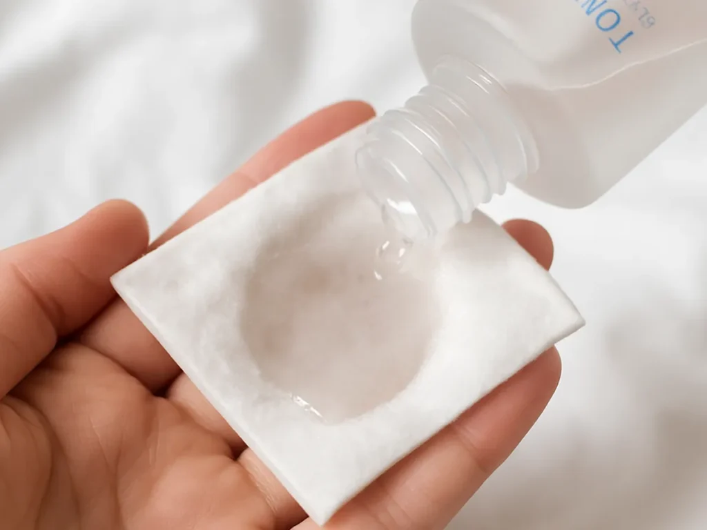 Applying AHA/BHA toner on cotton pad for blackhead removal