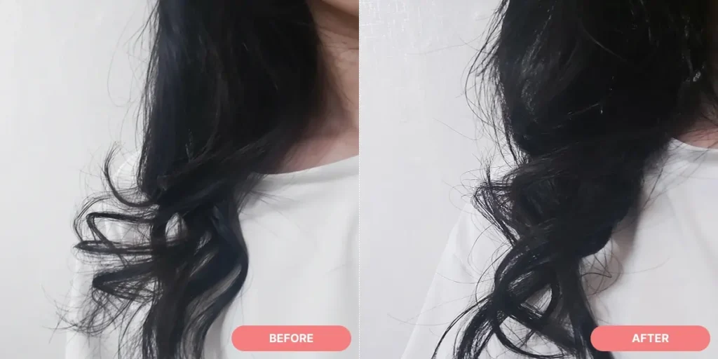 Before and after results of curls styled with Amos Korean Curl Cream