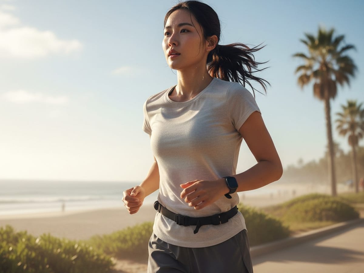 Asian woman jogging outside in the heat, sweating under the sun