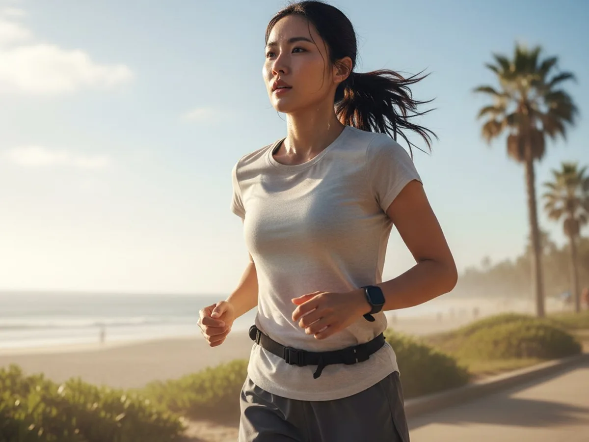 Asian woman jogging outside in the heat, sweating under the sun
