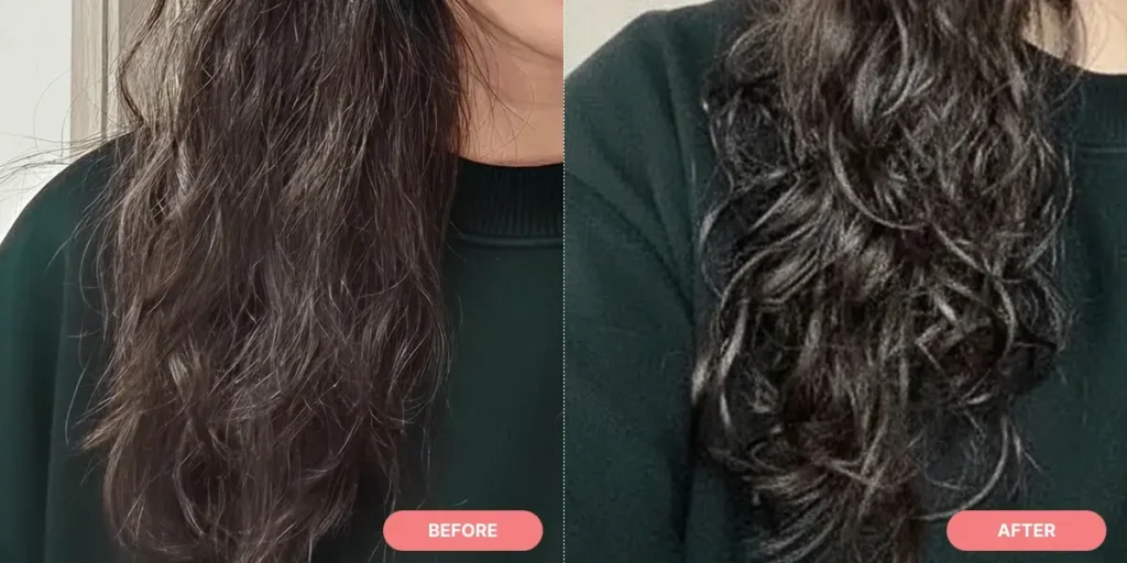 Before and after results of curls styled with Avca Korean Curl Cream