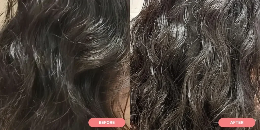Before and after results of curls styled with Ayunche Airy Veil Curl Cream