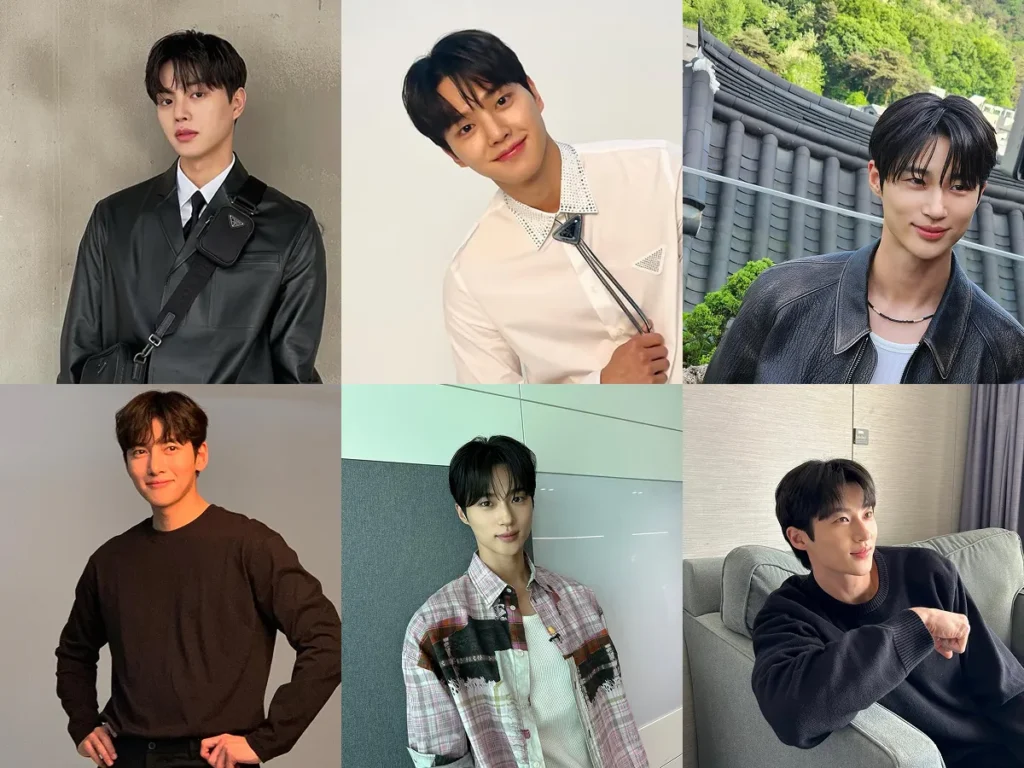 Collage of six photos featuring Korean perm for men with natural hair parting, styled to show the forehead and add volume.