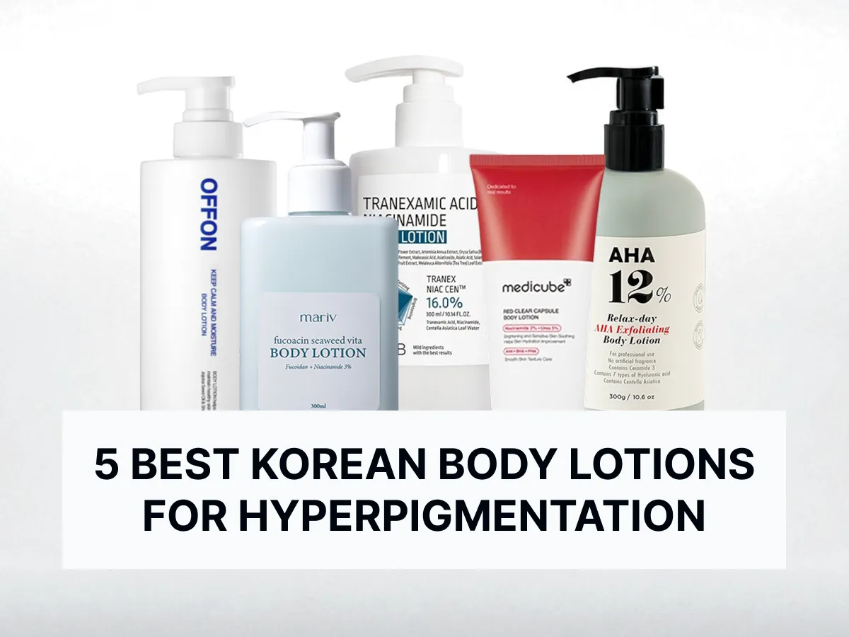 Lineup of the best Korean body lotions for hyperpigmentation, showing various product bottles on a neutral background
