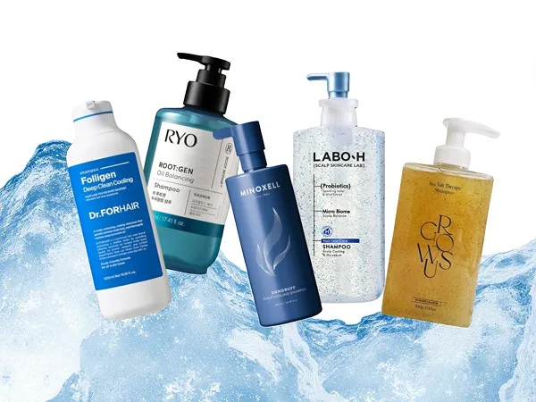Korean cooling shampoos displayed with icy background