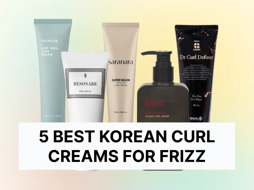 Korean hair styling products lined up against a colorful background with text that reads “5 Best Korean Curl Creams”