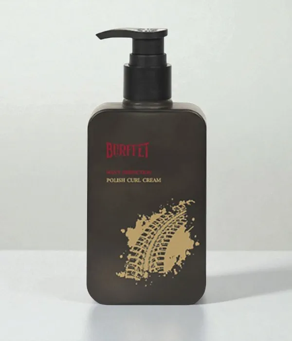 Brown pump bottle of Korean curl cream for men against minimalistic background