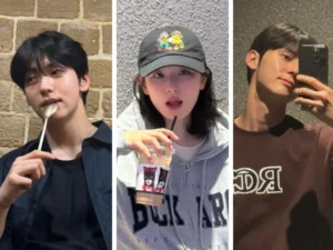 Instagram photo of Korean idols Soobin, Seulgi, and Minhyun with radiant skin and no makeup