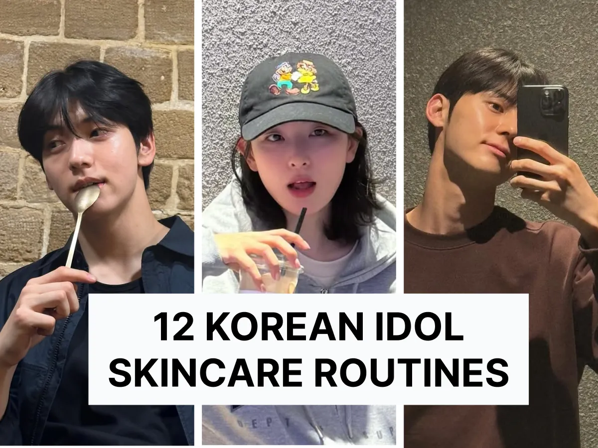 Image of Korean idols Soobin, Seulgi, and Minhyun with radiant skin and no makeup. Writtien 12 Korean Idol Skincare Routines