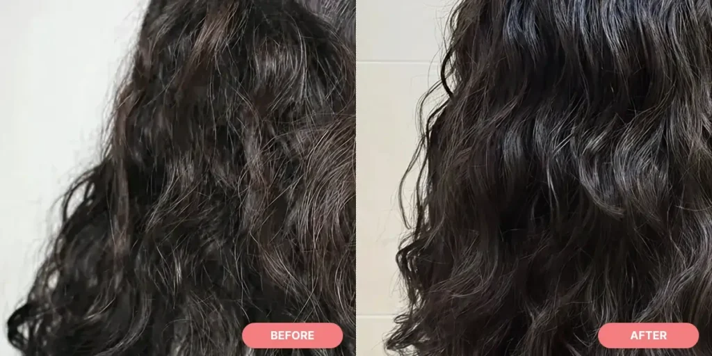 Before and after results of curls styled with Curlyshyll Korean Curl Cream