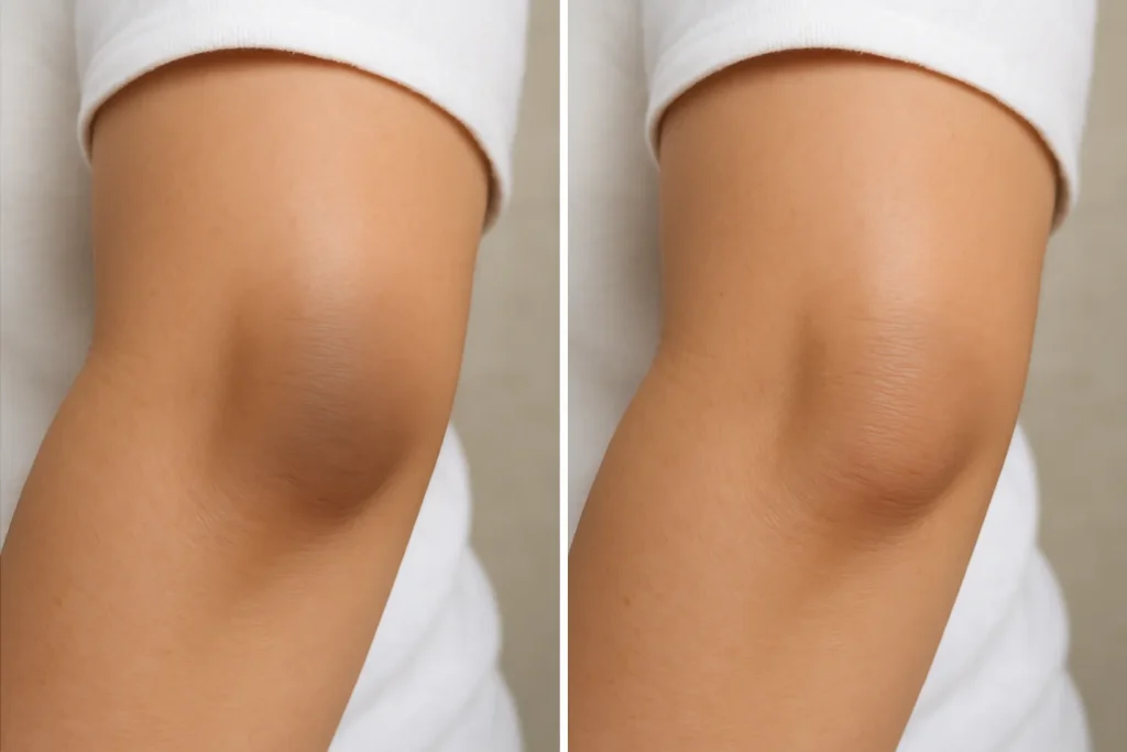 Before and after comparison showing visible improvement in dark elbows