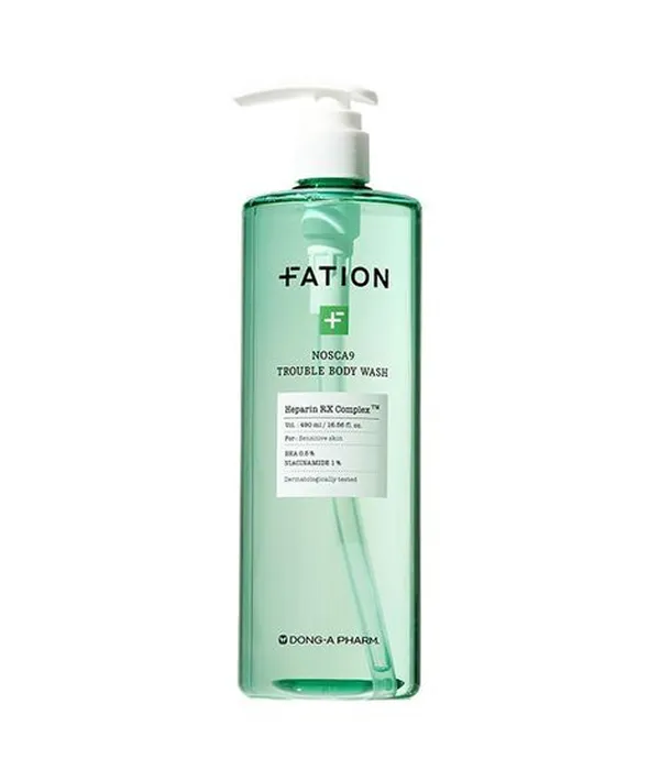 Fation Trouble Body Wash in a green translucent bottle with a simple label, designed for acne-prone skin, shown on a plain white background.