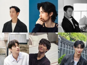 Collage of six Korean actors, each wearing a different Korean perm for men, showcasing various styles from soft waves to textured curls