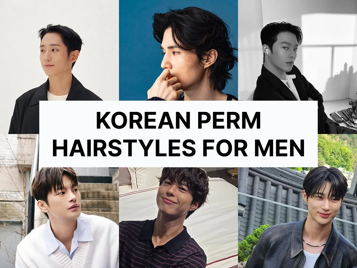 Collage of six Korean actors with different hairstyles, featuring the text “Korean perm for men” across the image.