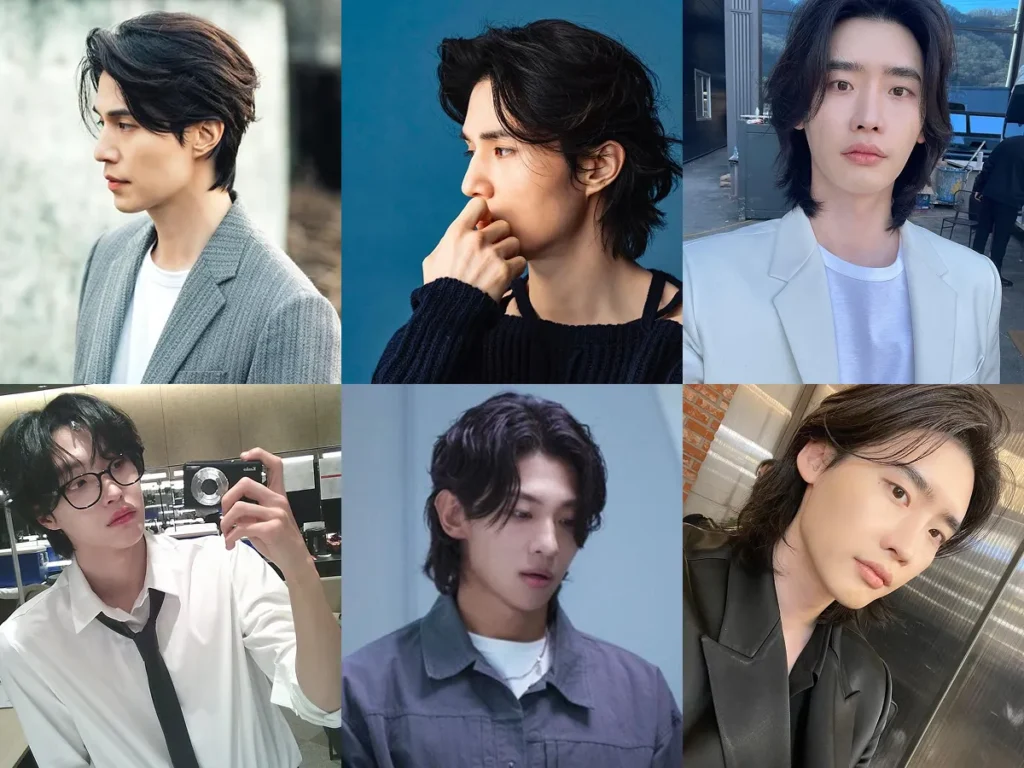 Collage of six photos of Korean men with neck-length hair styled in natural waves and soft parting.