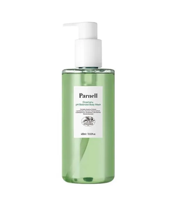 Green translucent bottle of Parnell Cicamanu body wash for sensitive skin
