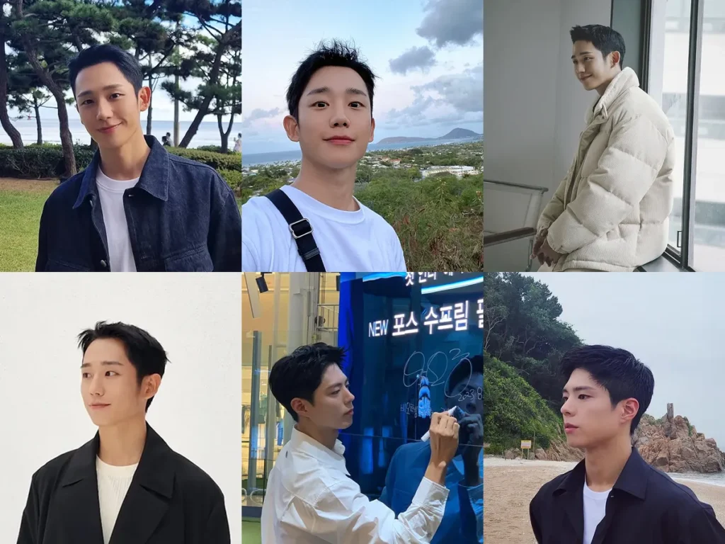 Collage of six photos showing men with short Korean men hairstyles, featuring clean cuts and hair styled upwards for a modern look.
