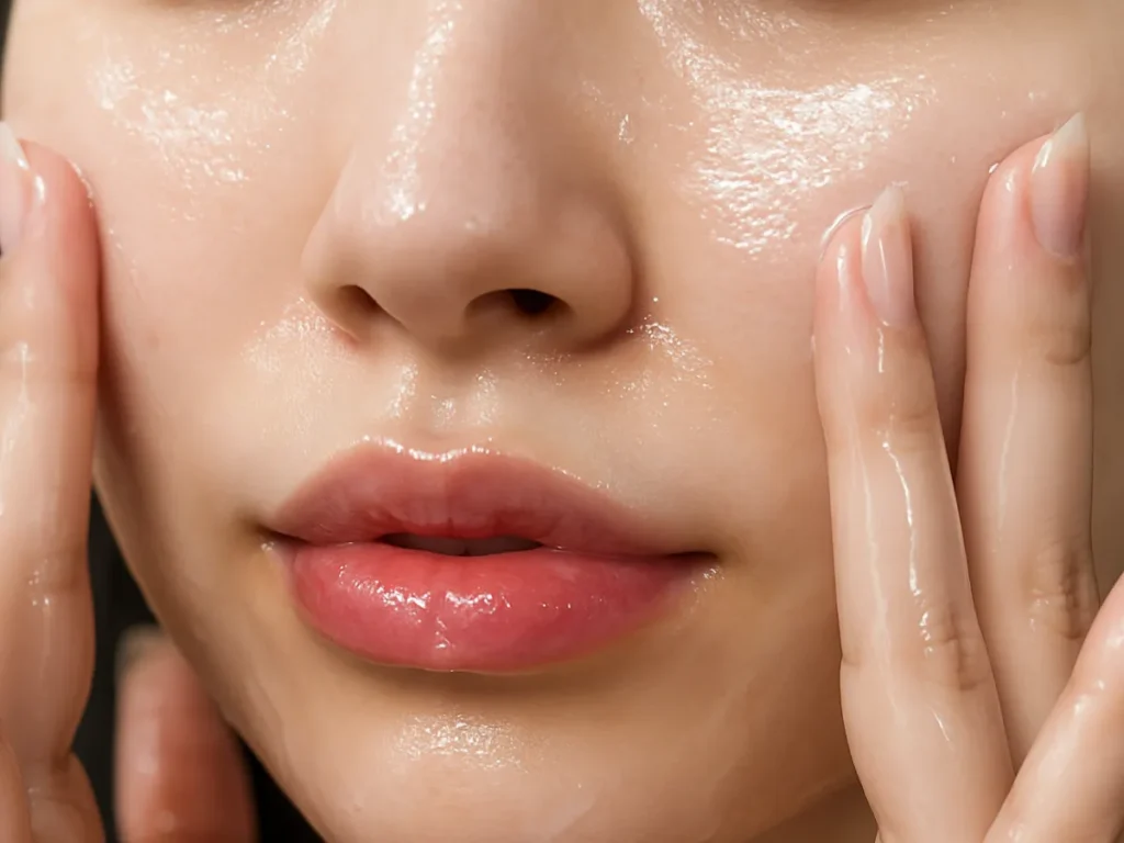 Close-up of a woman's nose and mouth using cleansing oil to remove blackheads