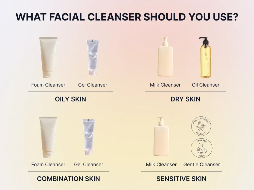 Chart showing recommended cleanser types for each skin type with text explaining which facial cleanser to use for oily, dry, sensitive, and combination skin.










ChatGPT에게 묻기
