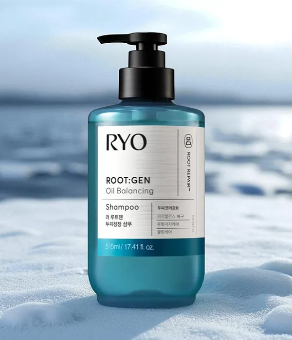 Ryo Root:Gen Oil Balancing Shampoo surrounded by snow and icy water, illustrating refreshing scalp care