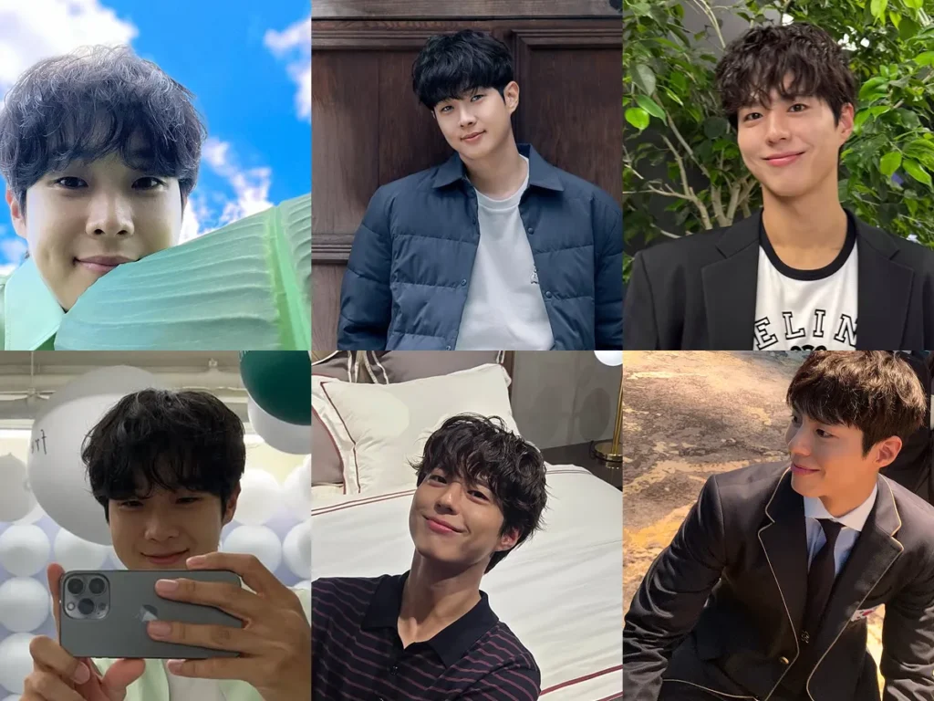 Collage of six photos showing Korean men with Korean perm hairstyles, featuring natural waves at eyebrow level and stylish volume.