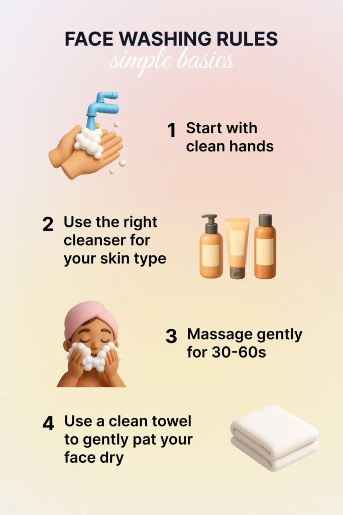 Chart showing 4 simple steps for face washing, including wetting the face, applying cleanser, gently massaging, and rinsing with water.