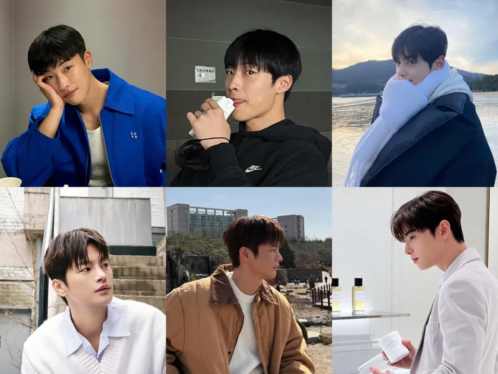 Collage of six photos featuring Korean men with trending sleek hairstyles.