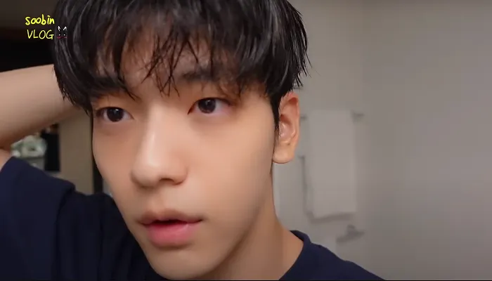 Soobin revealing his clear, glass skin after completing his Korean idol skin care routine