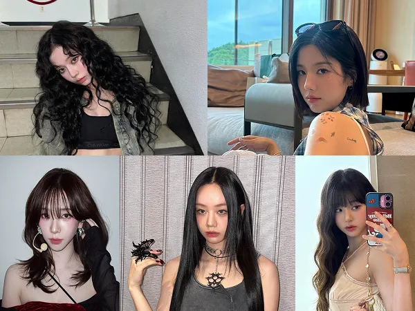 Collage of five Korean female hairstyles showcasing 2025 trends, including sleek hime cut, layered cloud perm, thick hippie perm, bob tassel cut, and midi-length hush cut