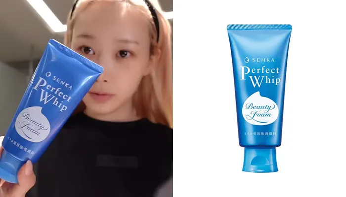 Aespa’s Giselle holding the Senka foam cleanser, highlighting it as her favorite cleanser