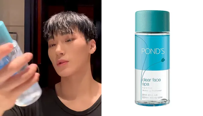 ATEEZ’s San applying Pond’s Lip & Eye Makeup Remover during his skincare routine