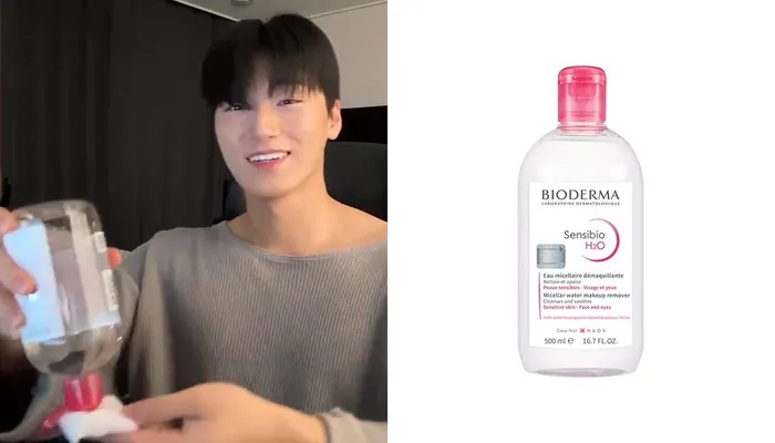 ATEEZ San using Bioderma Sensibio Cleansing Water