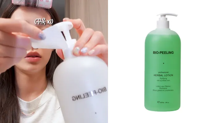 Chuu soaking a cotton pad with Biopeeling Herbal Lotion as her skincare toner