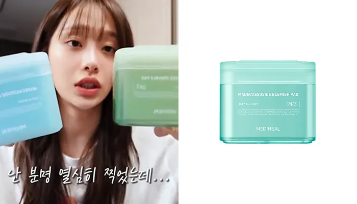 Chuu holding up two Mediheal toner pads