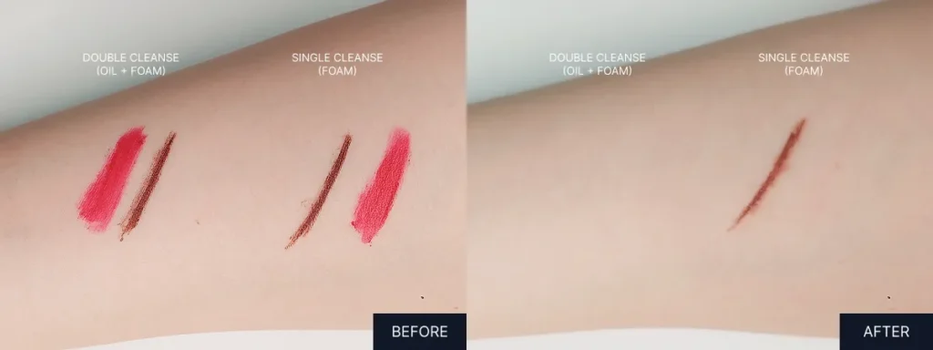 Before-and-after comparison of single cleanse versus double cleanse, showing that double cleansing fully removes waterproof makeup while single cleanse does not.