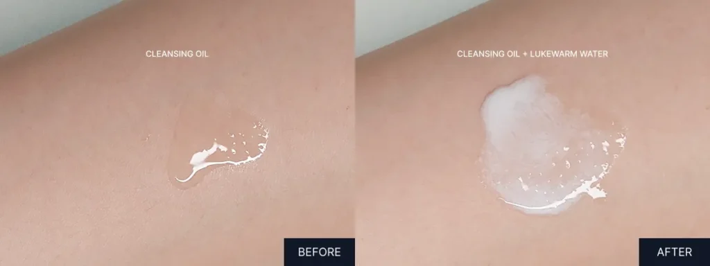 Cleansing oil on skin before and after being emulsified with water, showing the texture change from oily to milky.