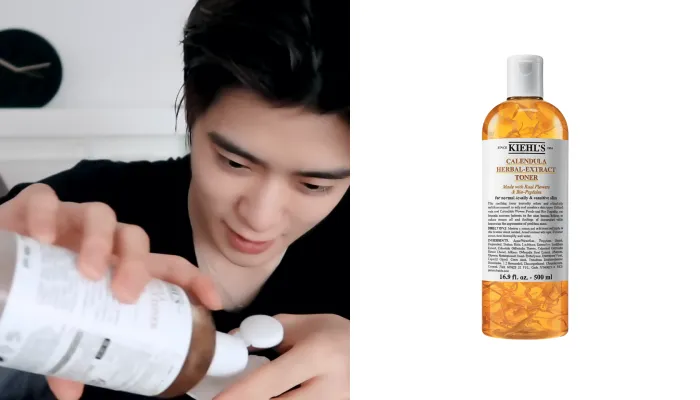 NCT Jaehyun applying Kiehl’s Calendula Toner as part of his skincare routine