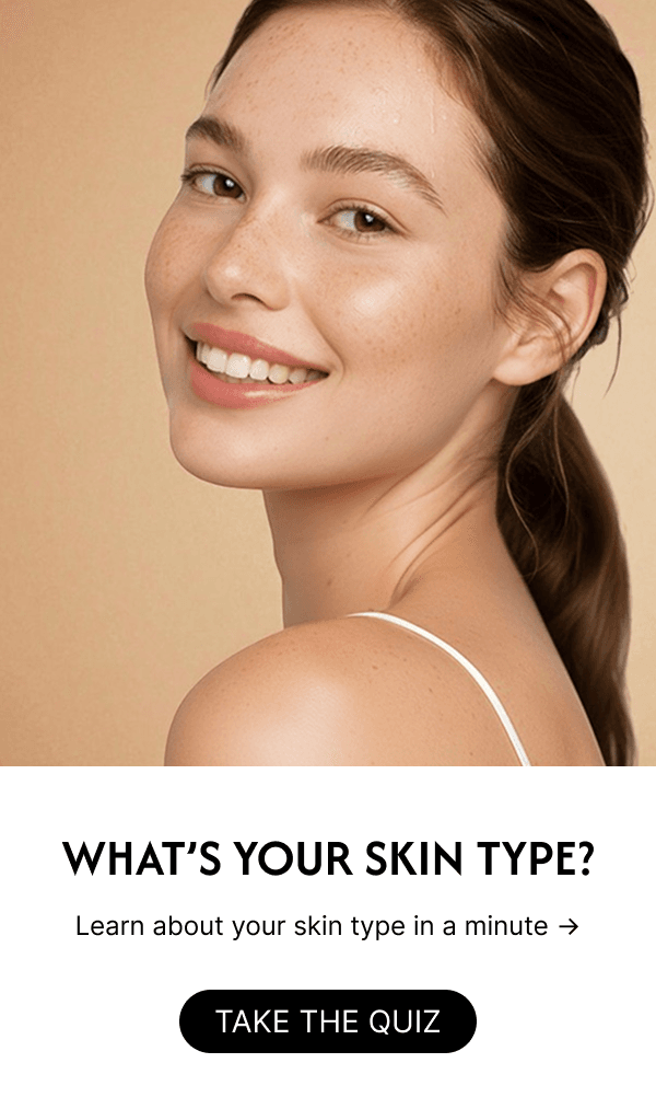 Find your skin type quiz banner, featuring western female model with clear skin