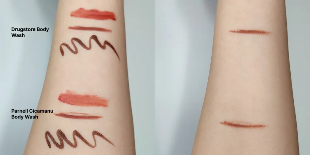 Comparing Parnell Cicamanu Body Wash vs. drugstore wash on makeup removal